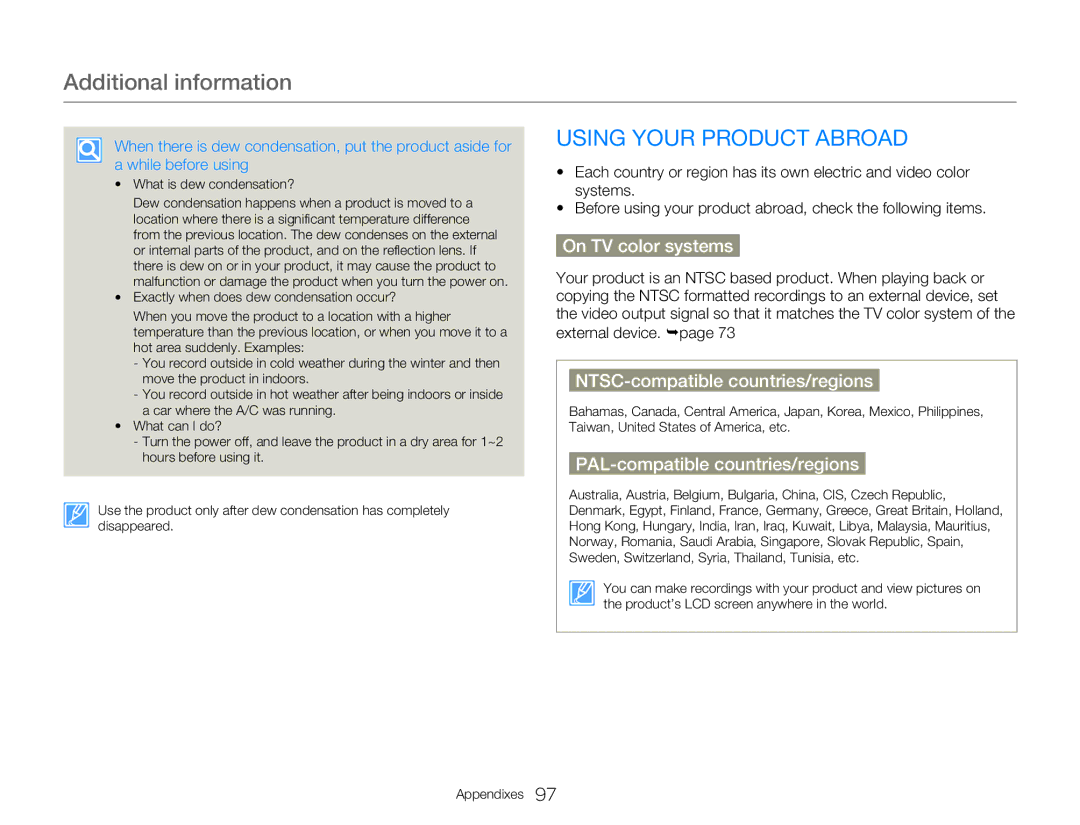 Samsung HMXW300YNX user manual Additional information, Using Your Product Abroad, On TV color systems 