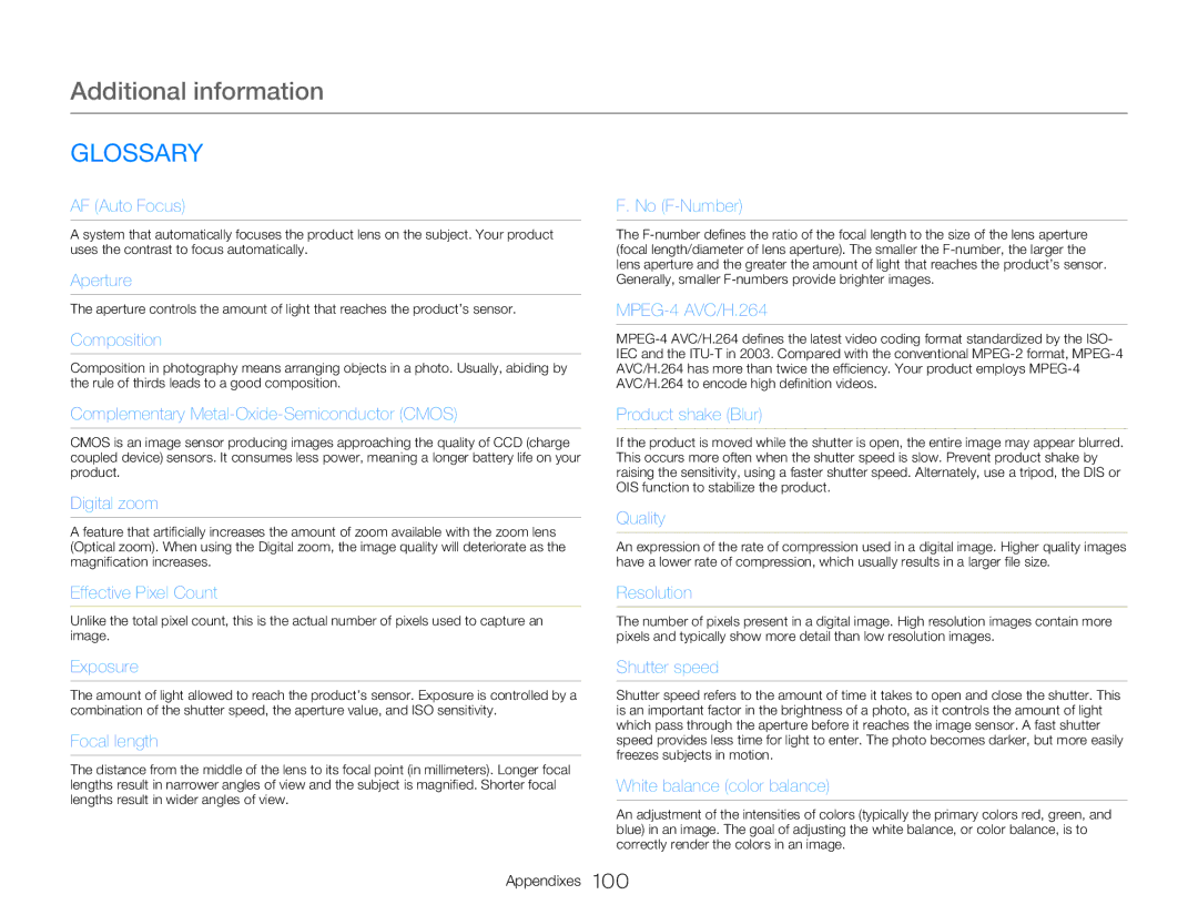 Samsung HMXW300YNX user manual Glossary, AF Auto Focus 