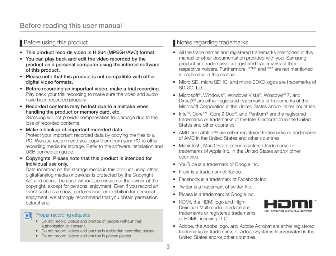 Samsung HMXW300YNX user manual Before using this product, Proper recording etiquette 