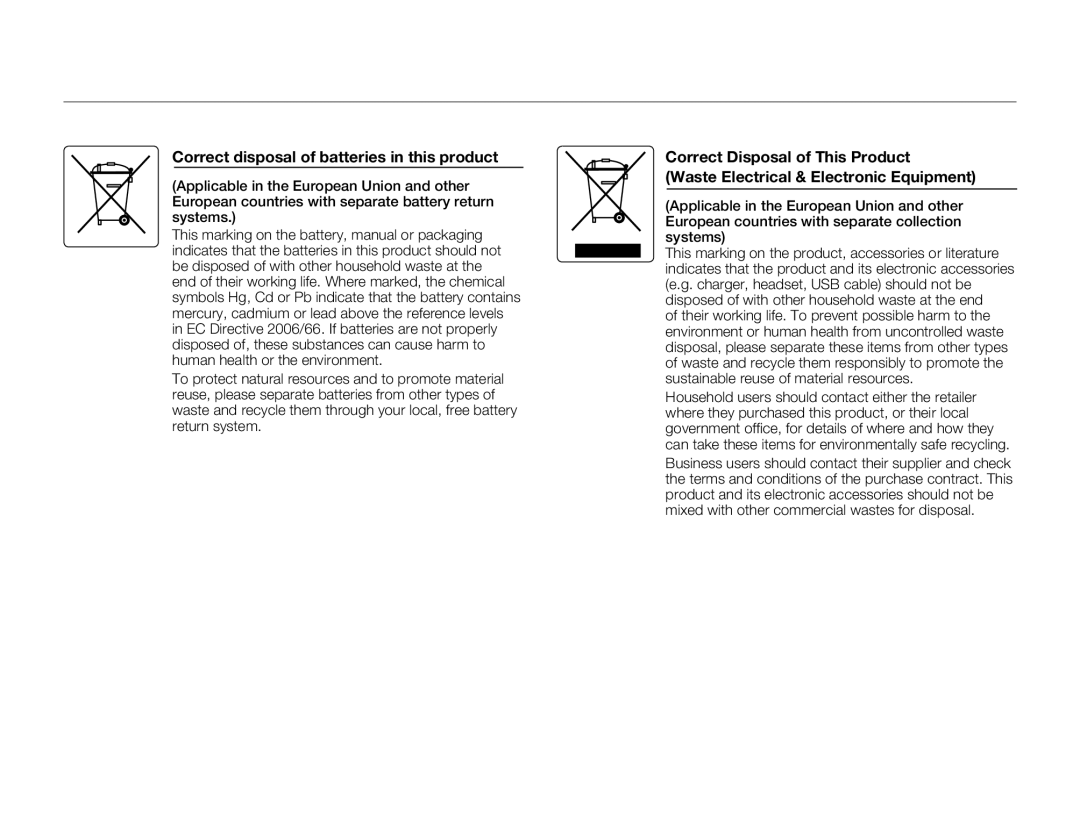 Samsung HMXW300YNX user manual Correct disposal of batteries in this product 