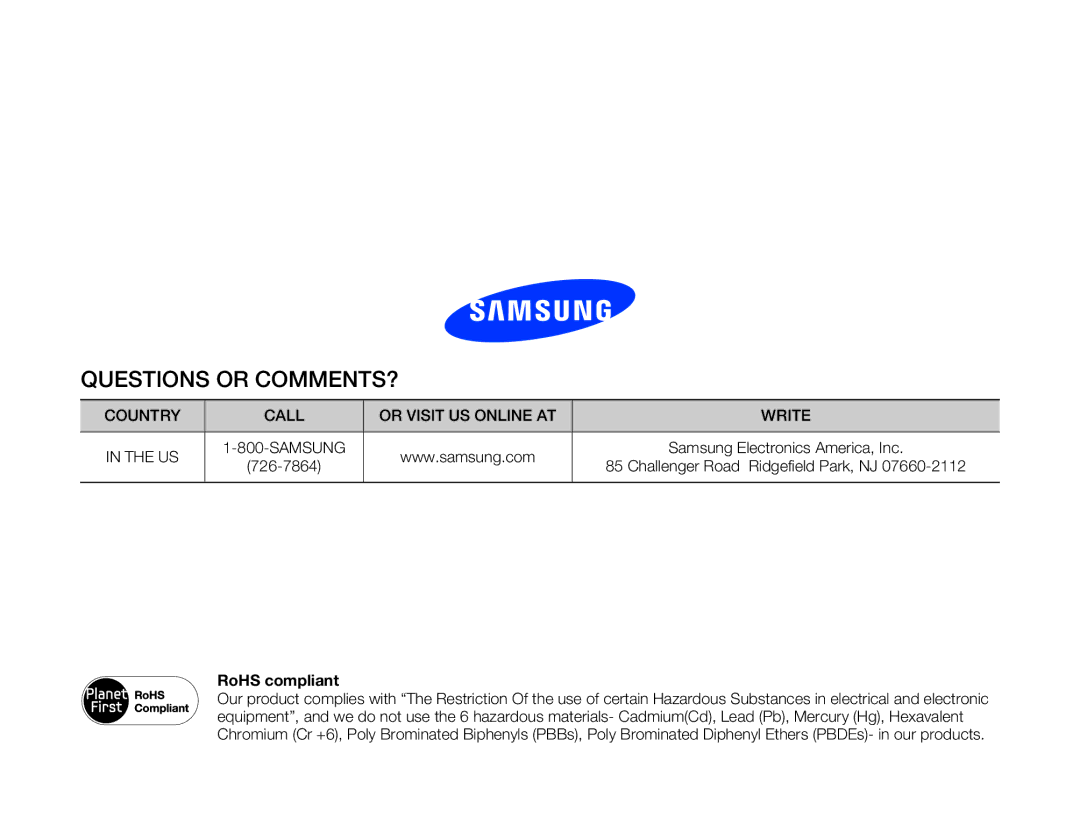 Samsung HMXW300YNX user manual Questions or COMMENTS?, Challenger Road Ridgefield Park, NJ 