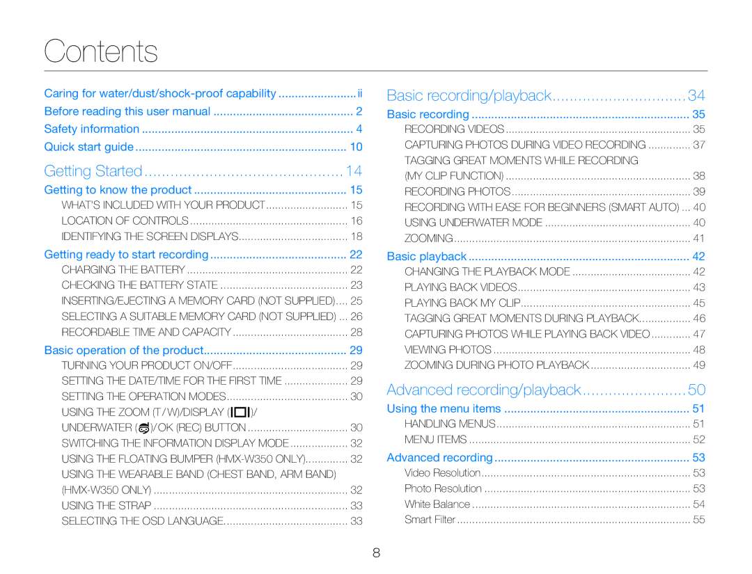 Samsung HMXW300YNX user manual Contents 