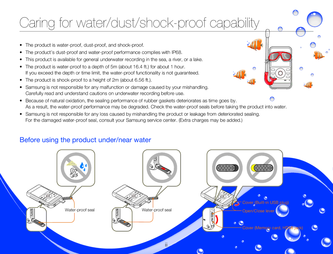 Samsung HMXW300YNX user manual Caring for water/dust/shock-proof capability 