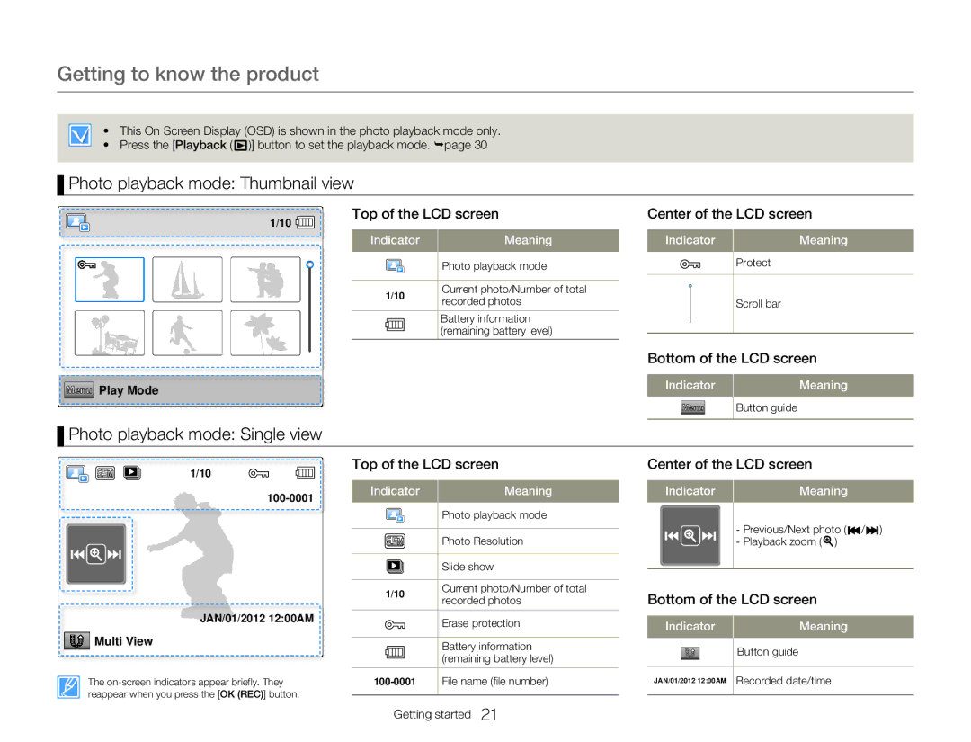 Samsung HMXW300YNX user manual Photo playback mode Thumbnail view, Photo playback mode Single view 