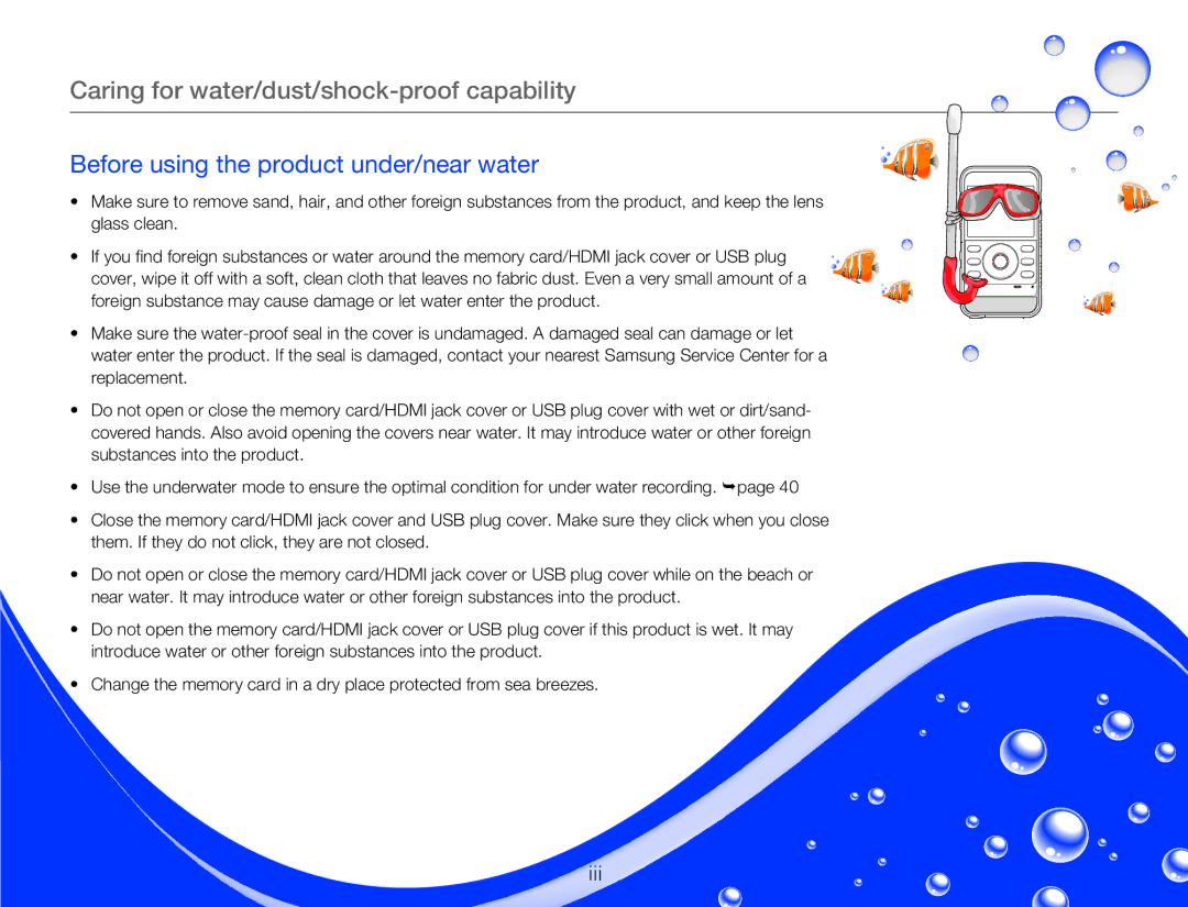 Samsung HMXW300YNX user manual Caring for water/dust/shock-proof capability 