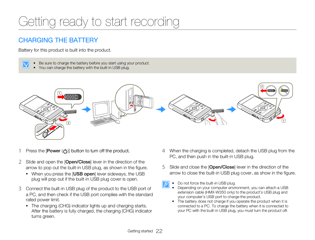 Samsung W300 Getting ready to start recording, Charging the Battery, Battery for this product is built into the product 