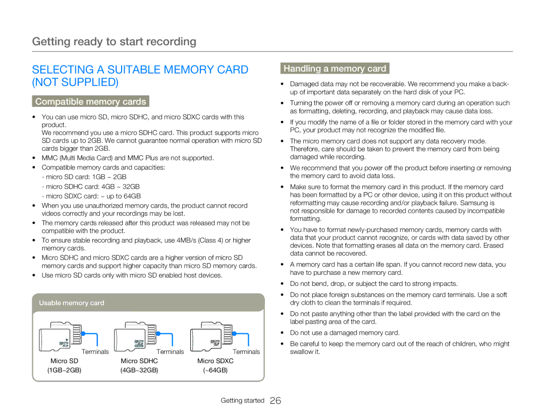 Samsung HMXW300YNX Selecting a Suitable Memory Card not Supplied, Handling a memory card, Compatible memory cards 