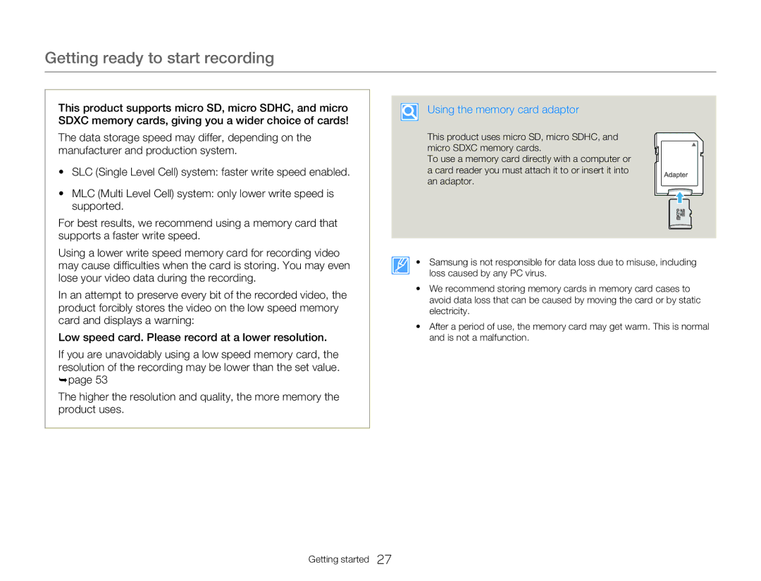 Samsung HMXW300YNX user manual Using the memory card adaptor 