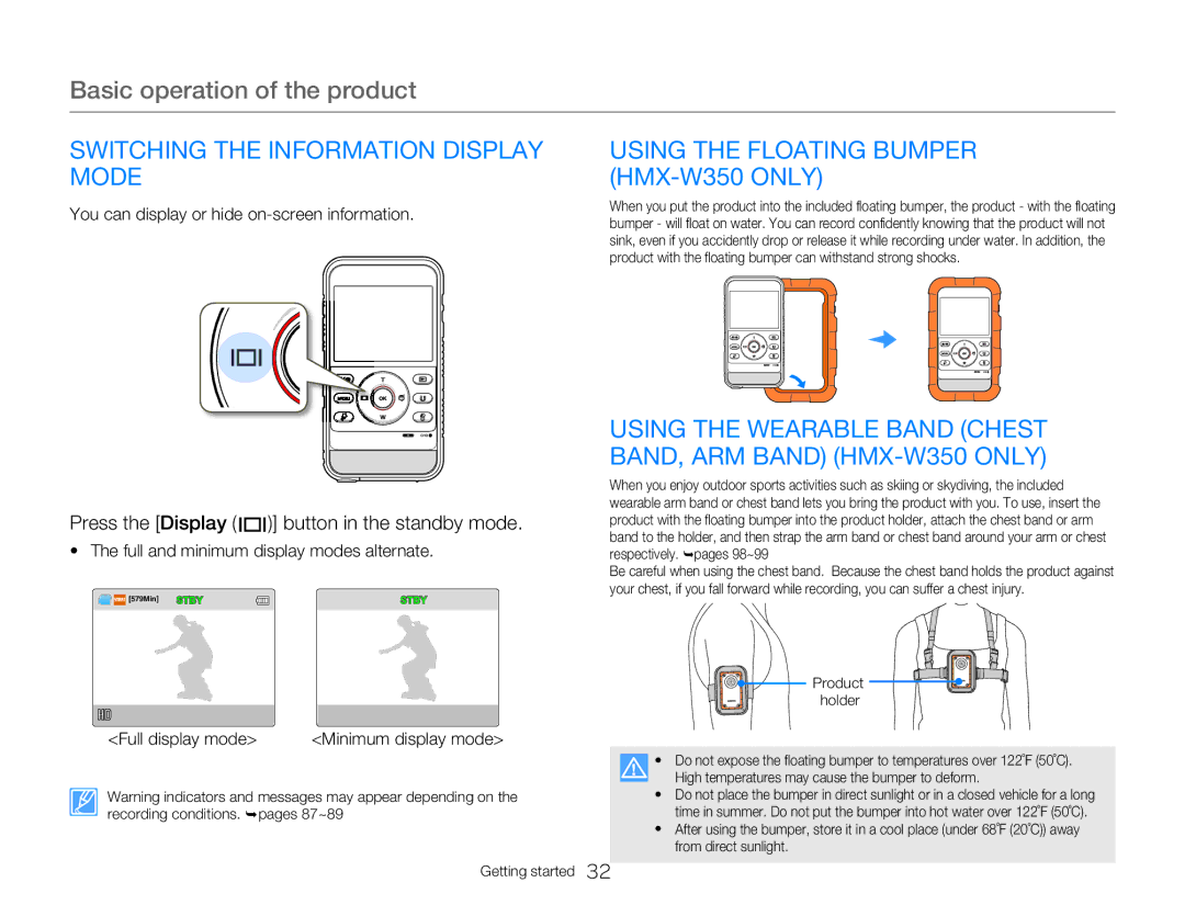 Samsung HMXW300YNX user manual Switching the Information Display Mode, Using the Floating Bumper HMX-W350 only 