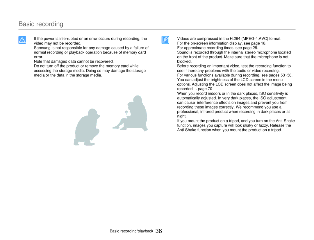 Samsung HMXW300YNX user manual Basic recording 