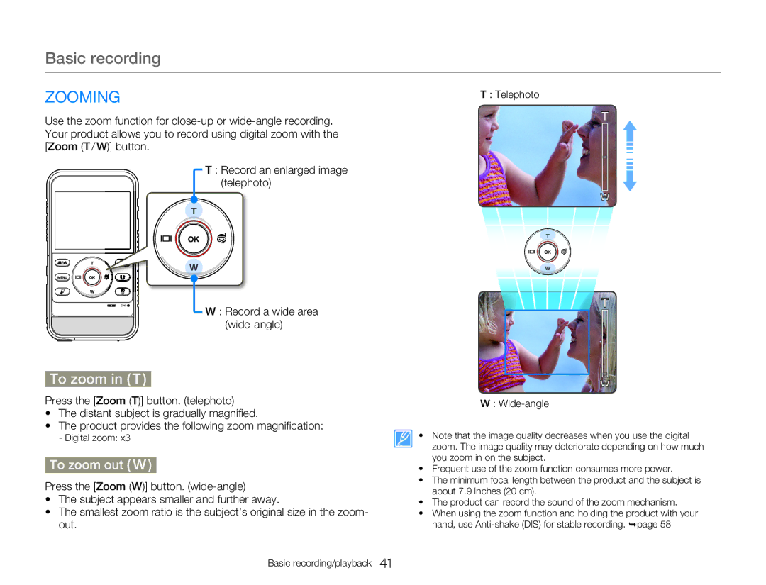 Samsung HMXW300YNX user manual Zooming, To zoom out W, Wide-angle 