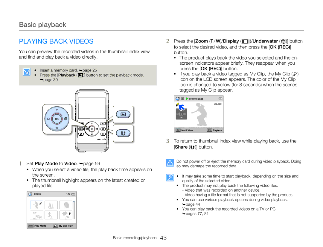 Samsung HMXW300YNX Basic playback, Playing Back Videos, Icon on the LCD screen appears. The color of the My Clip 