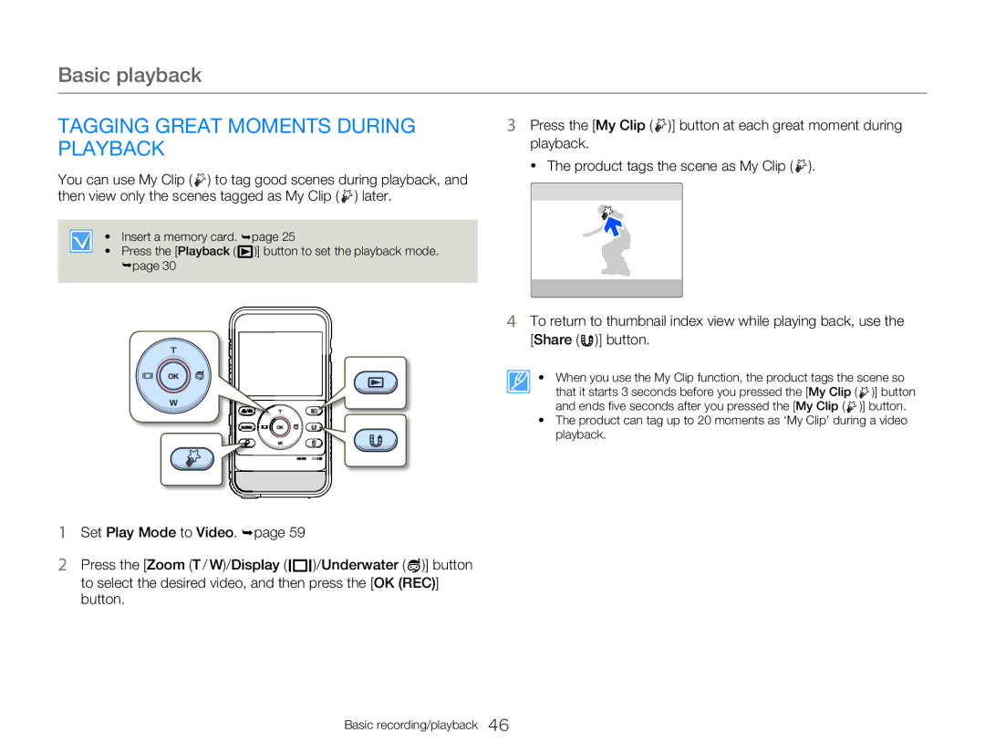 Samsung HMXW300YNX user manual Tagging Great Moments During Playback 