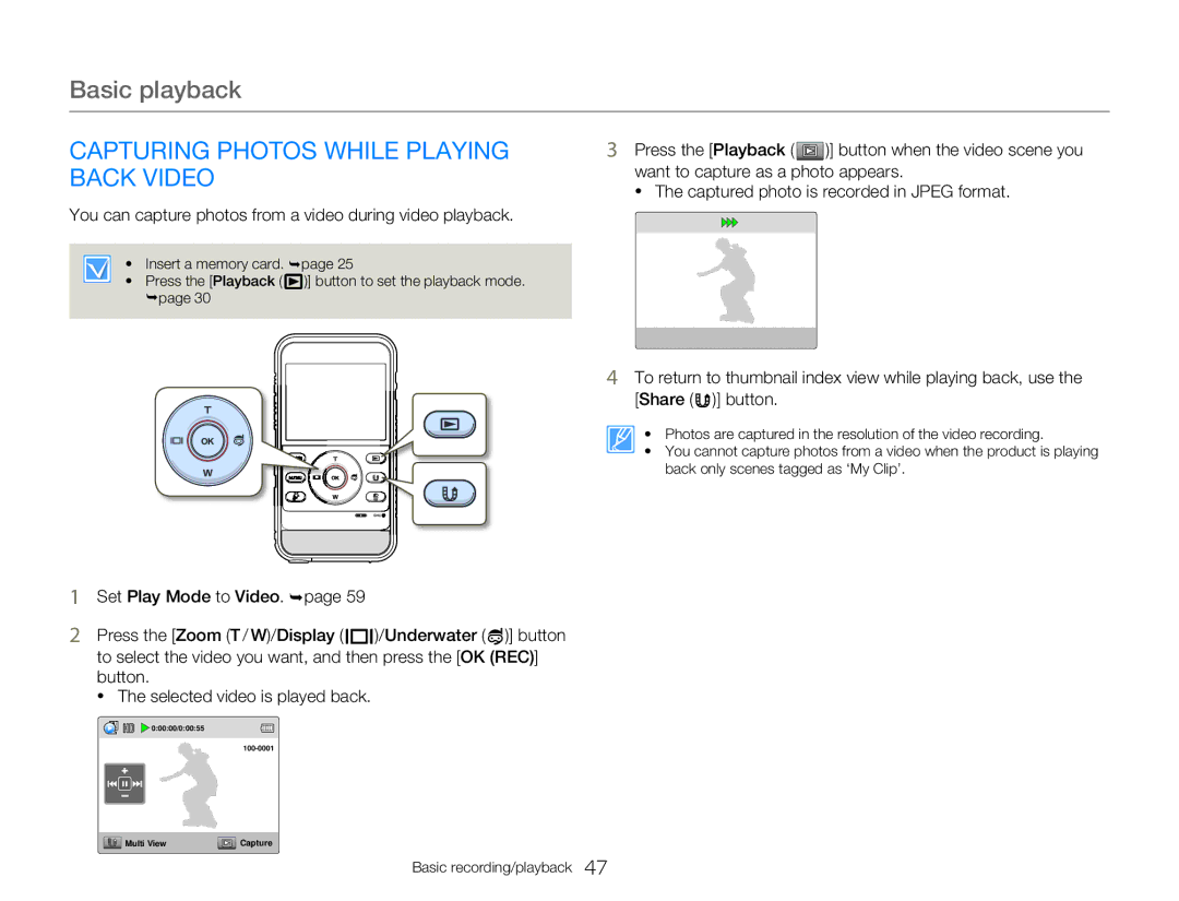 Samsung HMXW300YNX Capturing Photos While Playing Back Video, You can capture photos from a video during video playback 