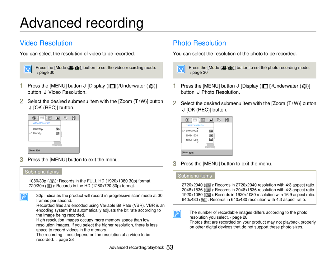 Samsung HMXW300YNX user manual Advanced recording, Video Resolution, Photo Resolution 