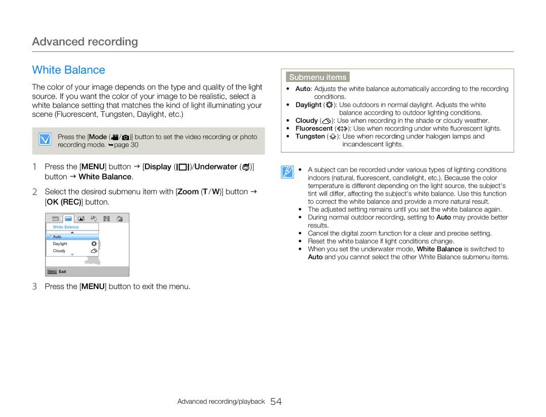 Samsung HMXW300YNX user manual Advanced recording, White Balance 