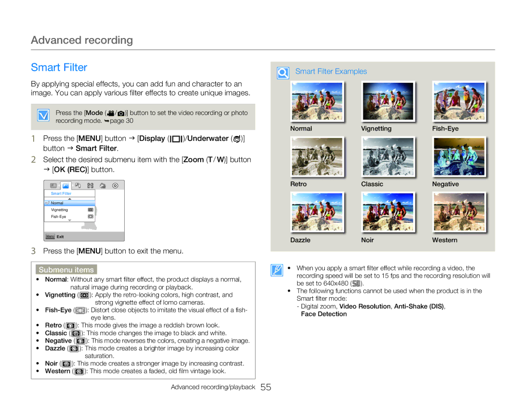 Samsung HMXW300YNX user manual Smart Filter Examples 