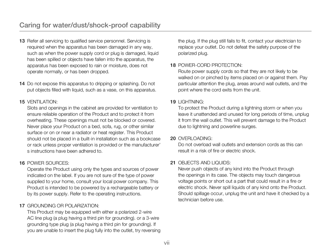 Samsung HMXW300YNX user manual Vii 