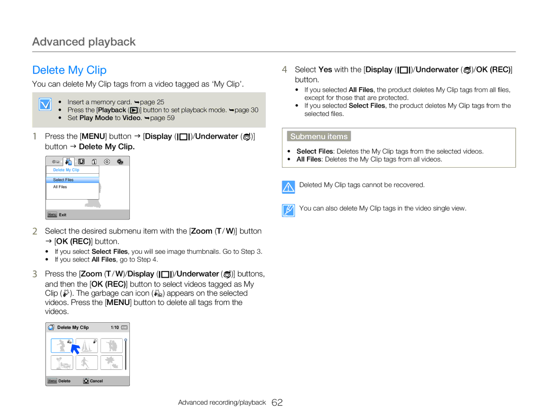 Samsung HMXW300YNX user manual Delete My Clip 