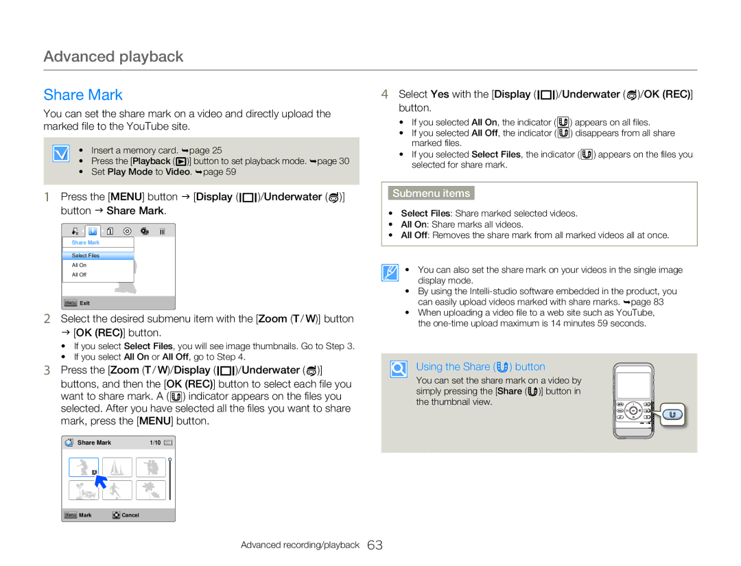 Samsung HMXW300YNX user manual Share Mark, Marked file to the YouTube site, Using the Share button 