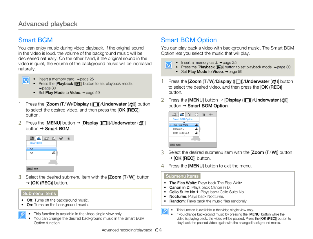 Samsung HMXW300YNX user manual Smart BGM Option 