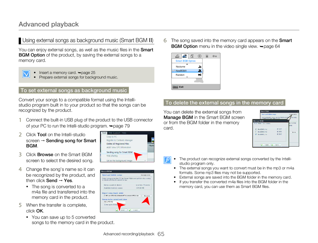 Samsung HMXW300YNX user manual To set external songs as background music, To delete the external songs in the memory card 