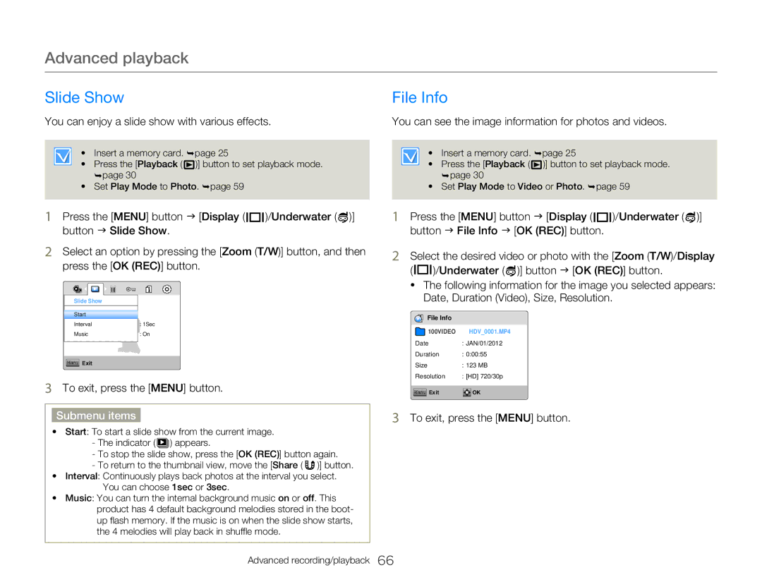 Samsung HMXW300YNX user manual Slide Show File Info, You can enjoy a slide show with various effects 