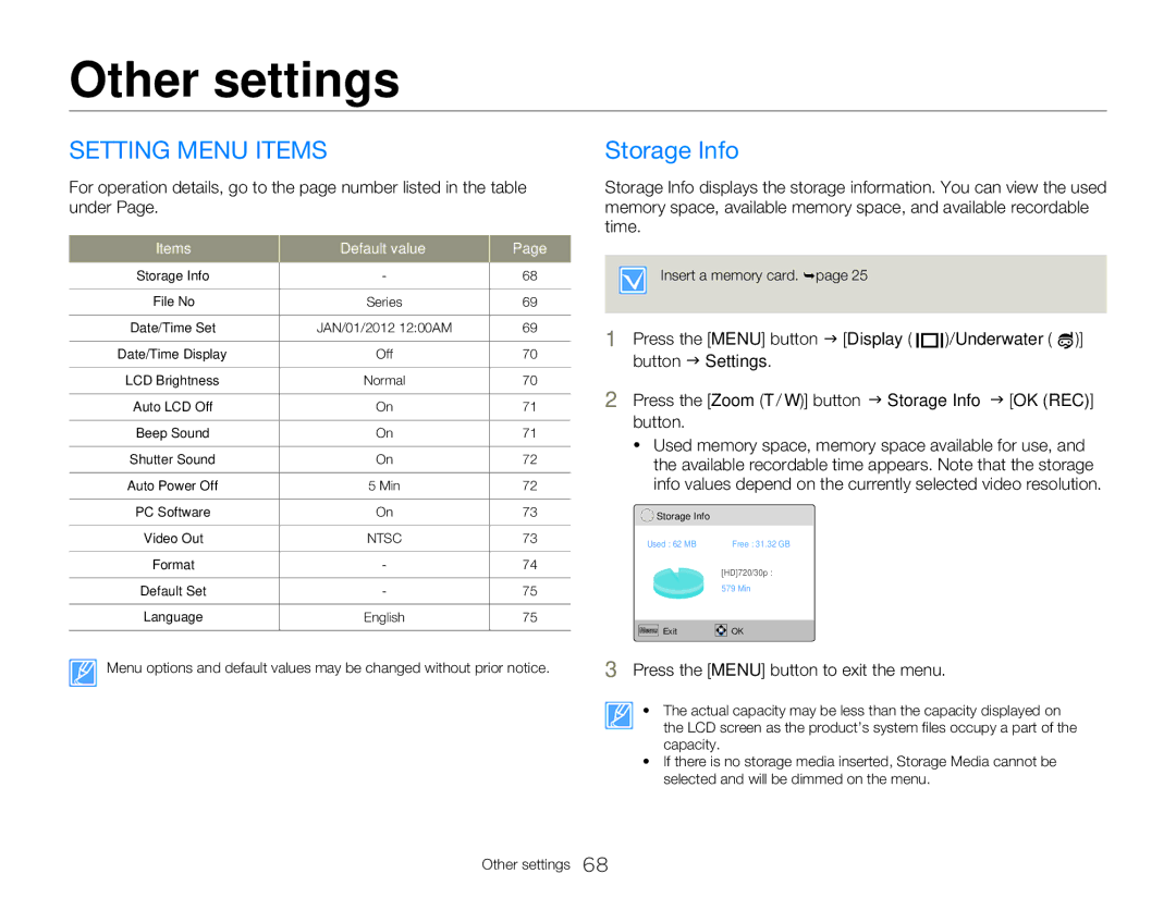 Samsung HMXW300YNX user manual Setting Menu Items, Storage Info, Items Default value 