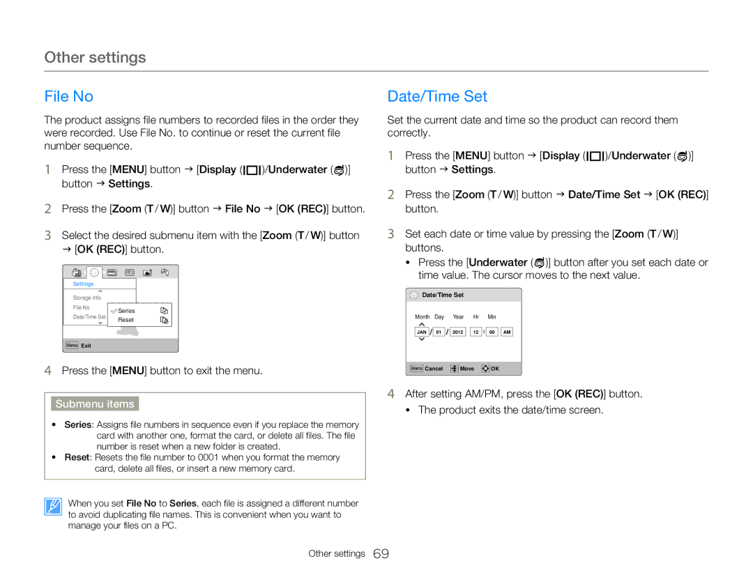 Samsung HMXW300YNX user manual Other settings, File No, Date/Time Set 