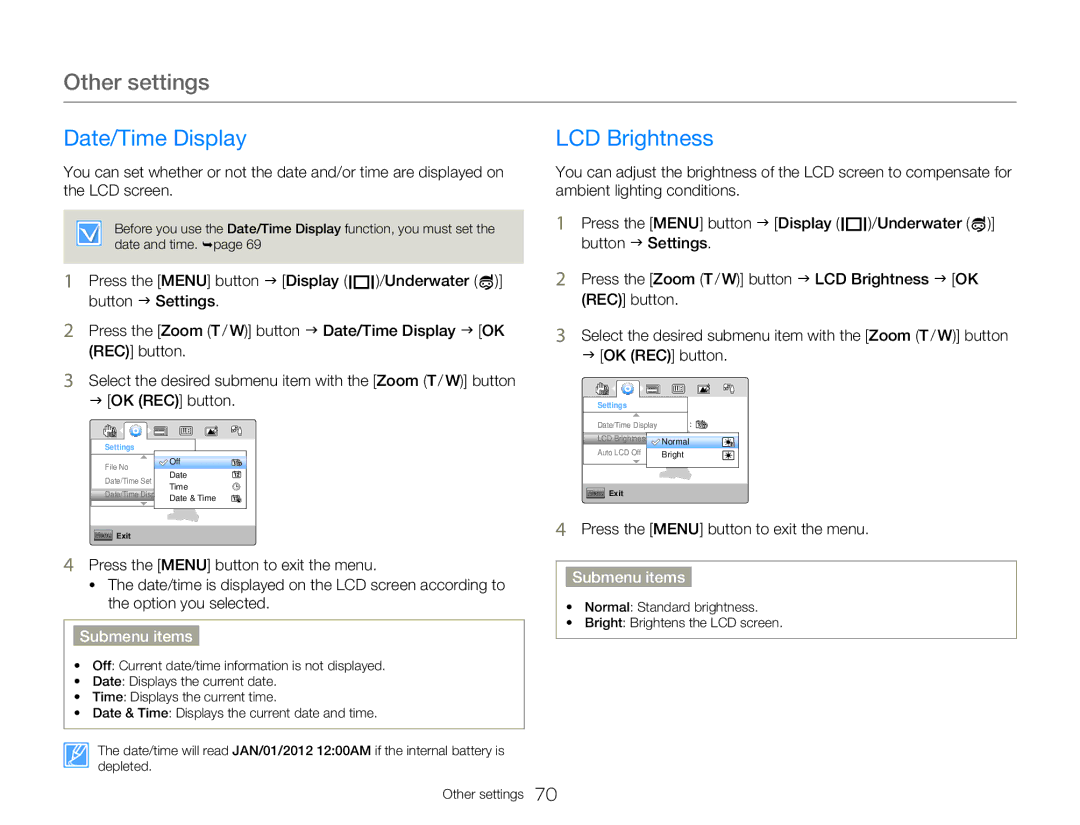 Samsung HMXW300YNX user manual Date/Time Display, LCD Brightness 