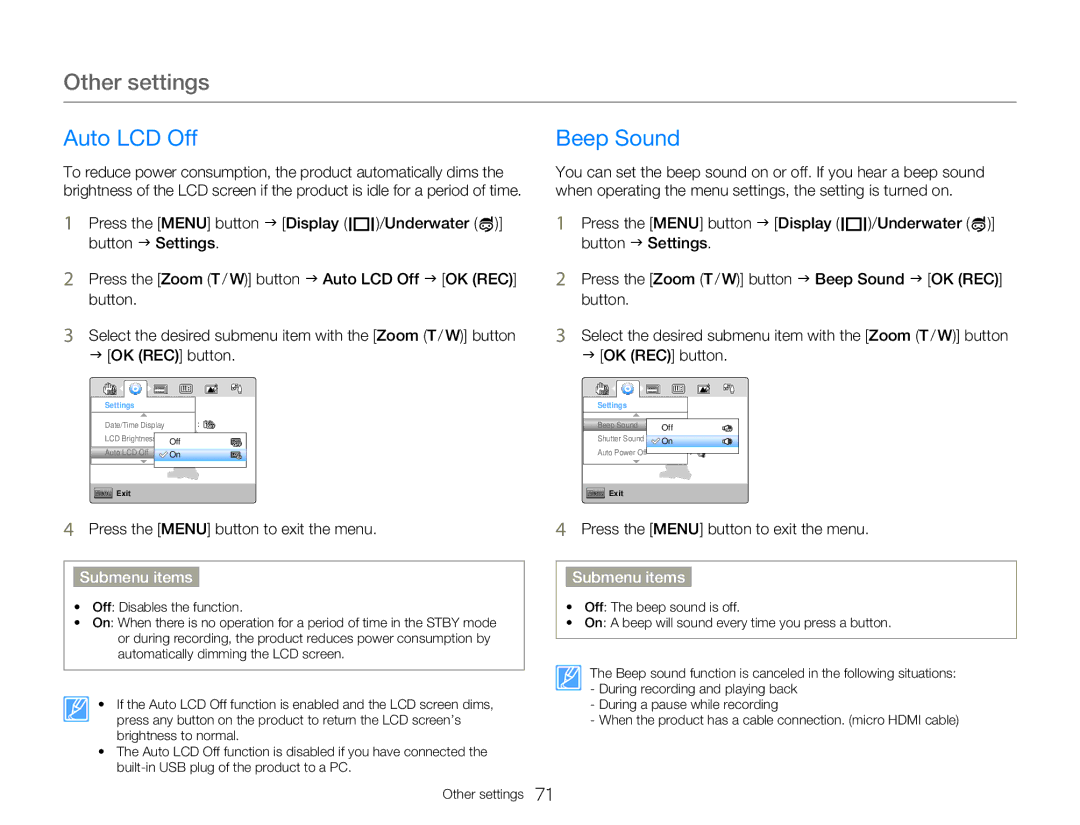 Samsung HMXW300YNX user manual Auto LCD Off, Beep Sound 