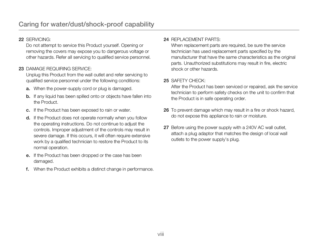 Samsung HMXW300YNX user manual Viii 