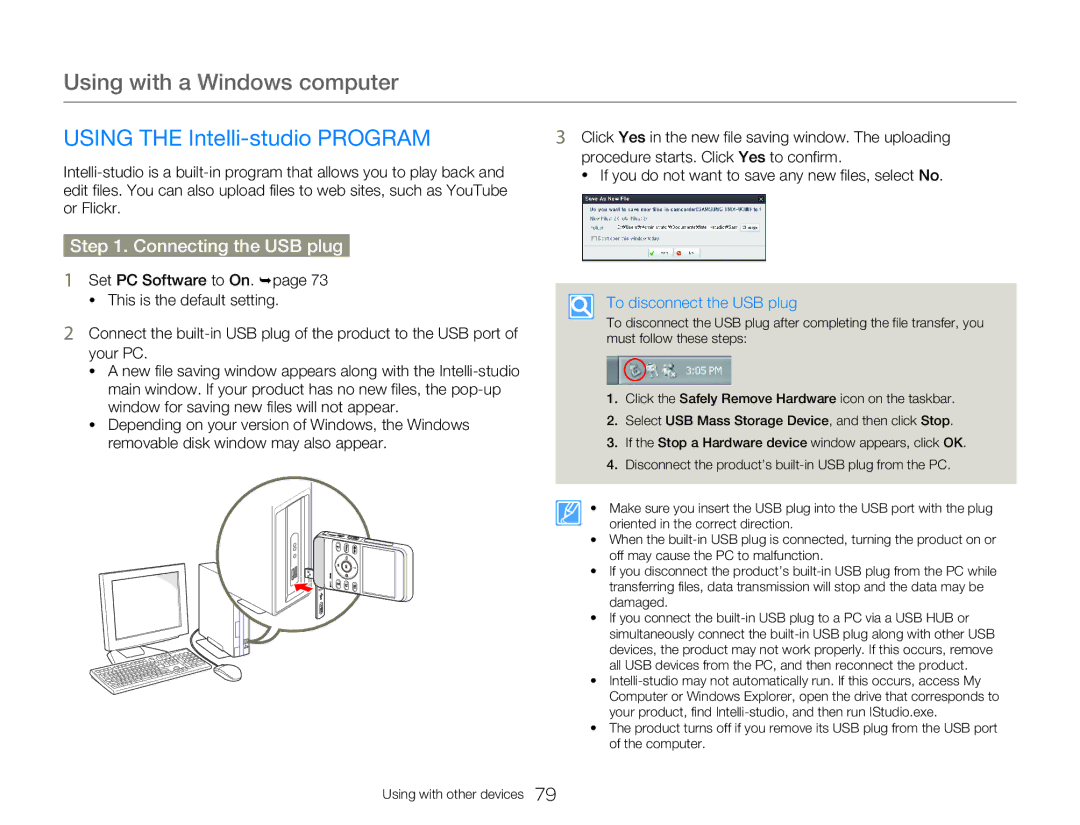 Samsung HMXW300YNX user manual Using with a Windows computer, Using the Intelli-studio Program, Connecting the USB plug 