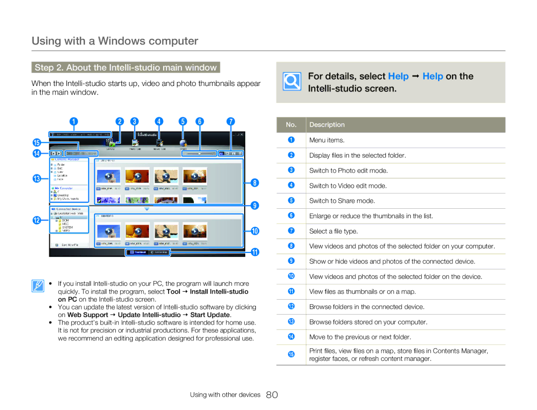 Samsung W300 About the Intelli-studio main window, For details, select Help Œ Help on Intelli-studio screen, Description 