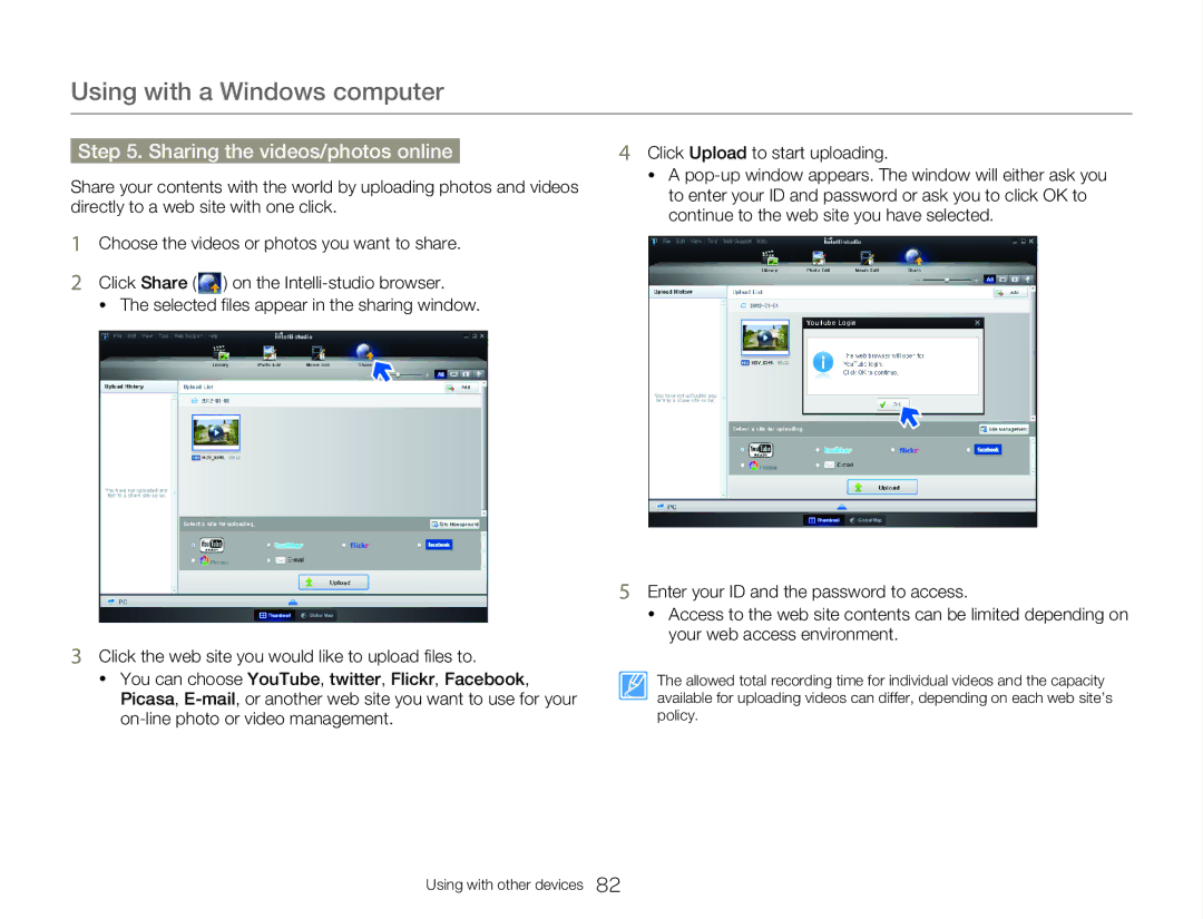 Samsung HMXW300YNX user manual Sharing the videos/photos online 