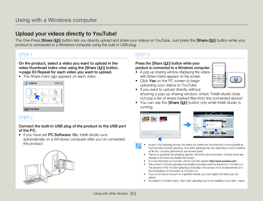 Samsung HMXW300YNX user manual Upload your videos directly to YouTube 