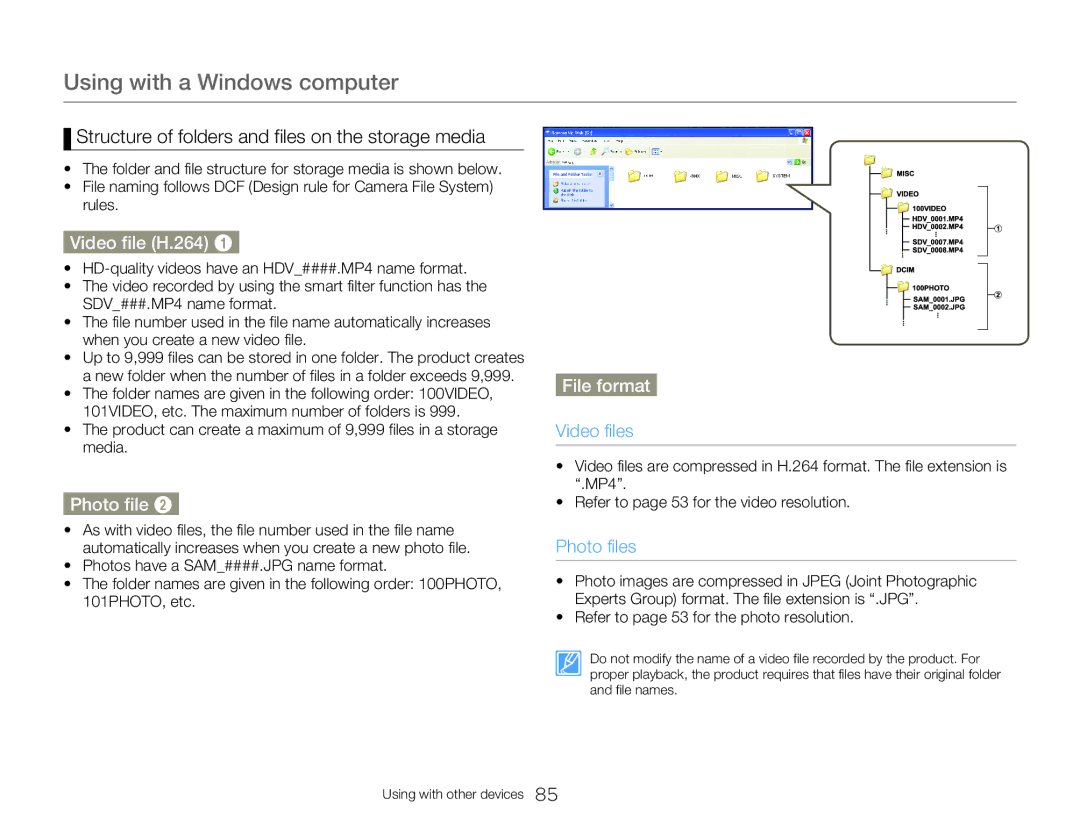 Samsung HMXW300YNX Structure of folders and files on the storage media, Video file H.264, Photo file, File format 