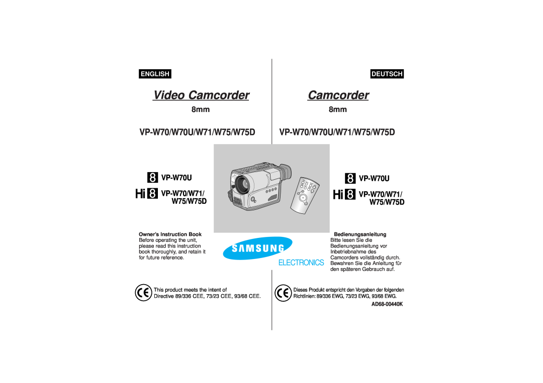 Samsung manual English, Deutsch, Video Camcorder, VP-W70/W70U/W71/W75/W75D, VP-W70U Hi VP-W70/W71/ W75/W75D 