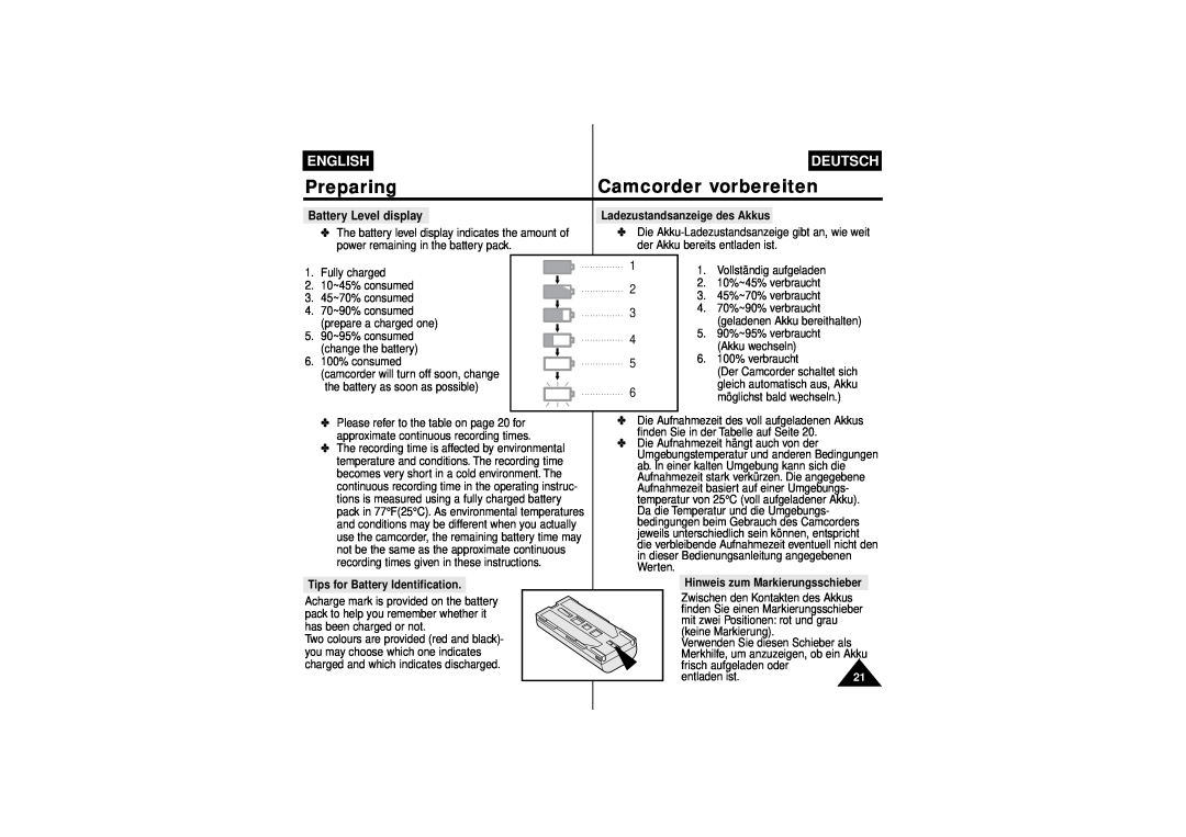 Samsung W71, W75D Battery Level display, Preparing, Camcorder vorbereiten, English, Deutsch, Ladezustandsanzeige des Akkus 