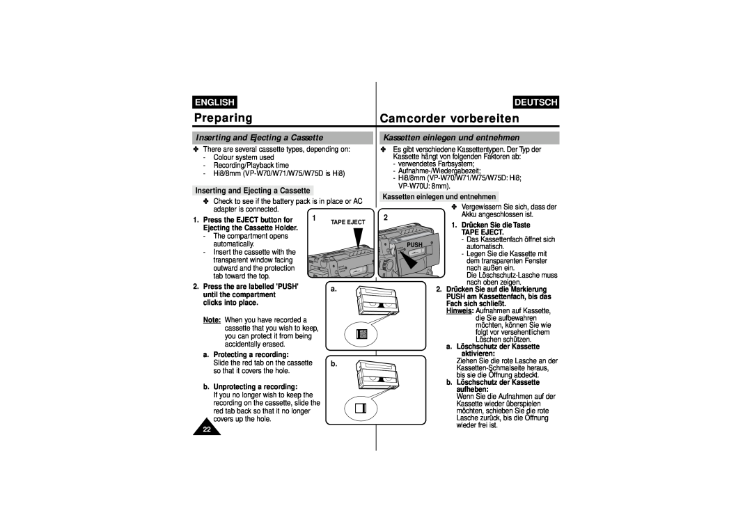 Samsung W75 Inserting and Ejecting a Cassette, Kassetten einlegen und entnehmen, Preparing, Camcorder vorbereiten, English 