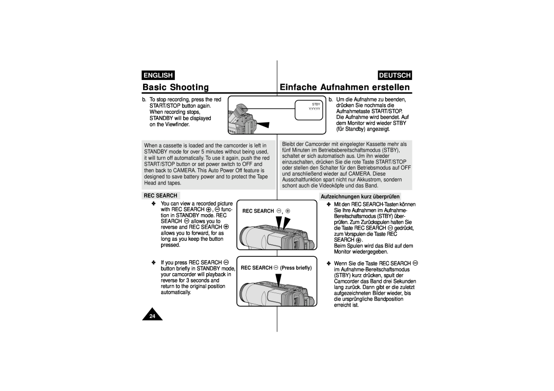 Samsung VP-W70 Basic Shooting, Einfache Aufnahmen erstellen, English, Deutsch, Rec Search, Aufzeichnungen kurz überprüfen 