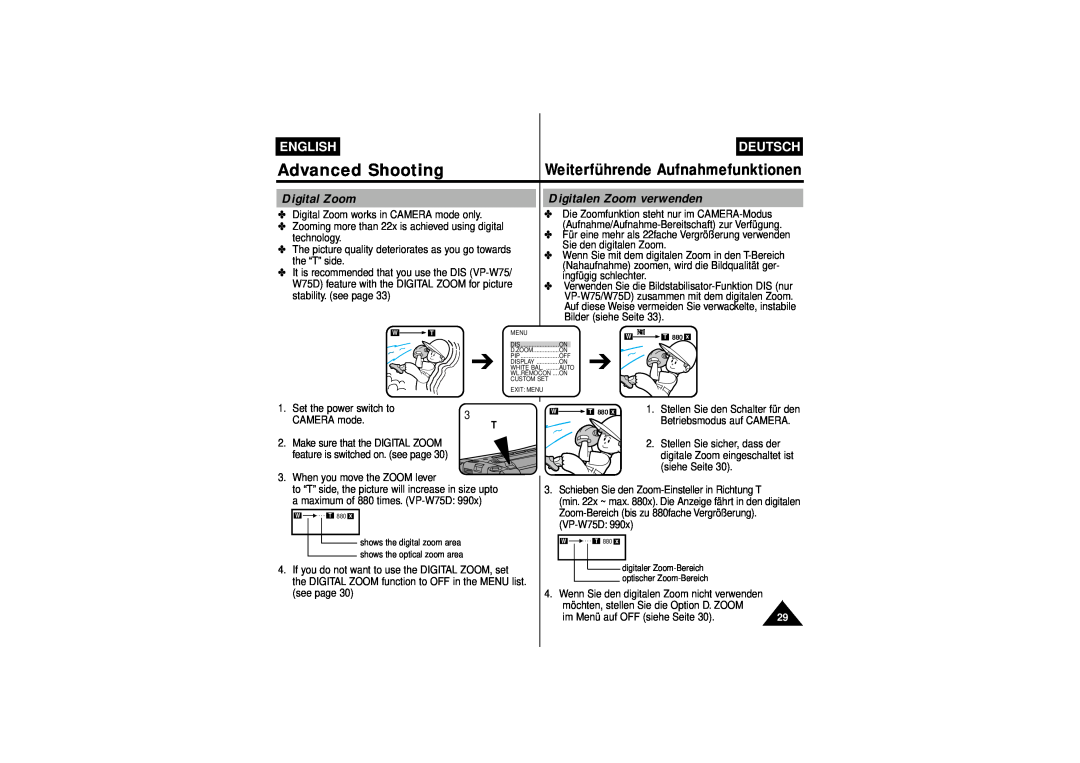 Samsung VP-W70, W75D Digital Zoom, Digitalen Zoom verwenden, Advanced Shooting, Weiterführende Aufnahmefunktionen, English 