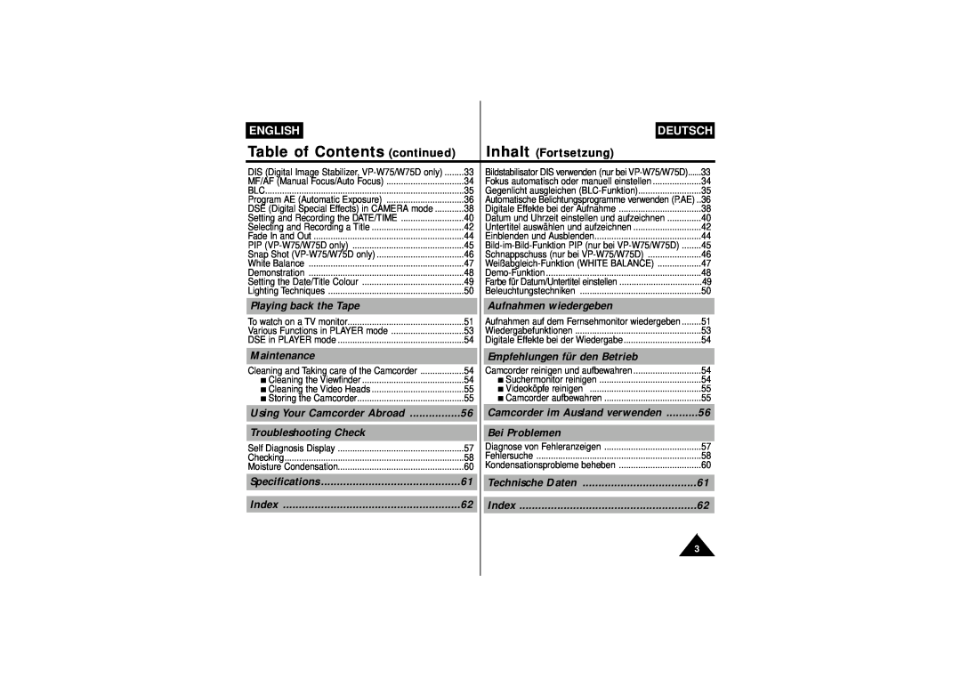 Samsung W70U Table of Contents continued, Inhalt Fortsetzung, Playing back the Tape, Aufnahmen wiedergeben, Maintenance 