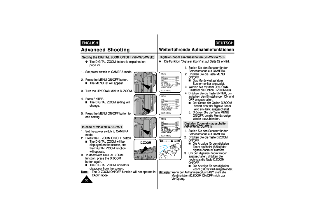 Samsung W71 Setting the DIGITAL ZOOM ON/OFF VP-W75/W75D, Advanced Shooting, Weiterführende Aufnahmefunktionen, English 