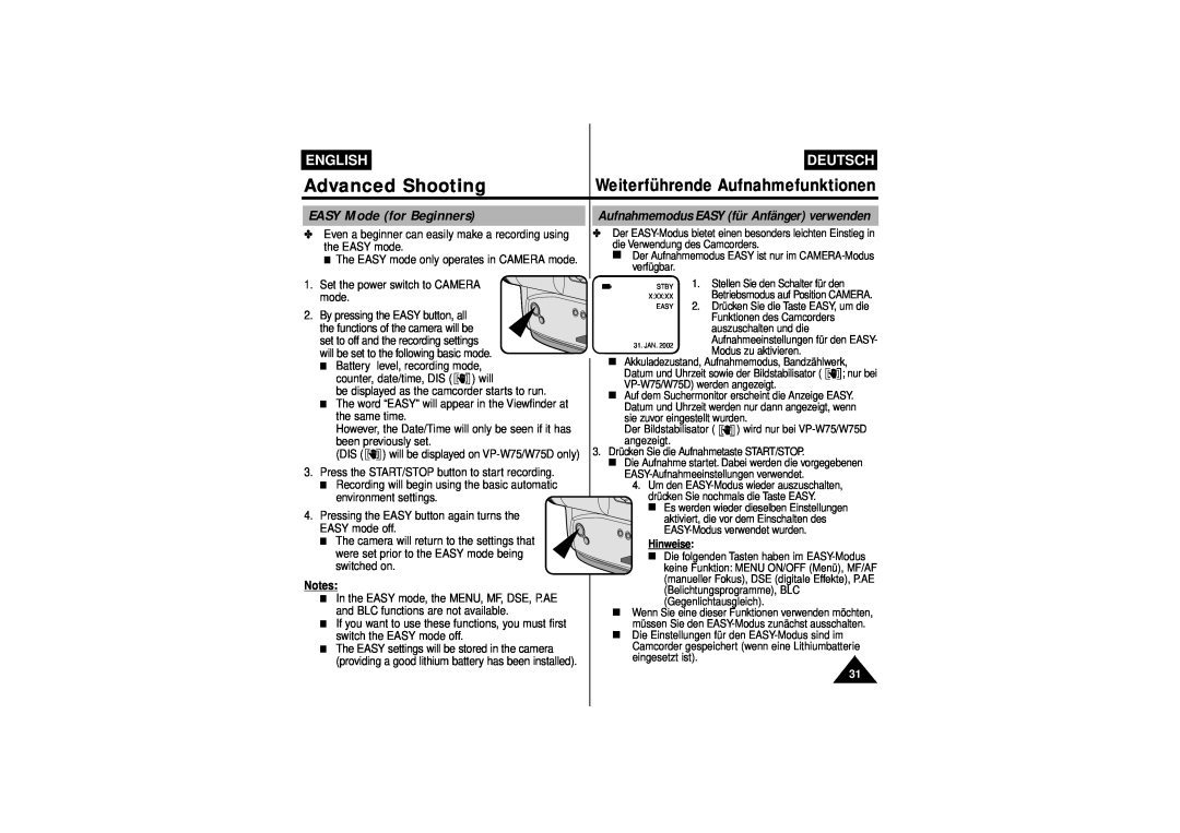 Samsung W71, W75 EASY Mode for Beginners, Advanced Shooting, Weiterführende Aufnahmefunktionen, English, Deutsch, Hinweise 