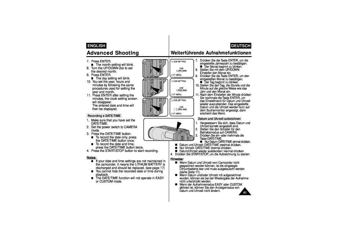 Samsung W71, W75D Advanced Shooting, Weiterführende Aufnahmefunktionen, English, Deutsch, Recording a DATE/TIME, Hinweise 