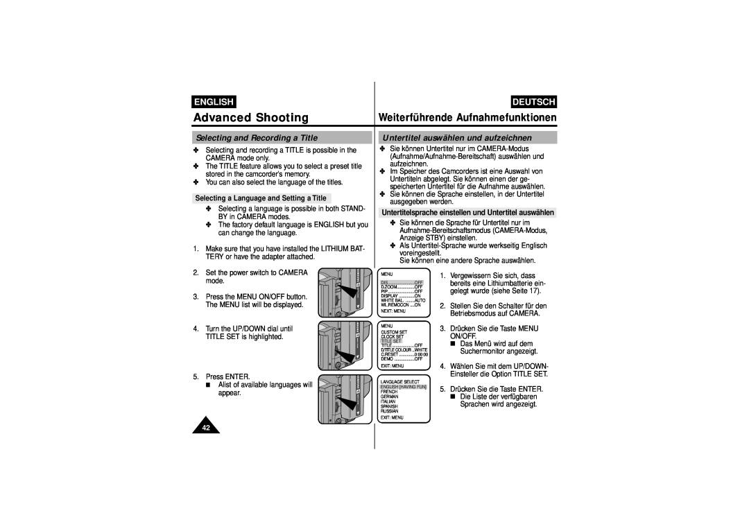 Samsung W75 Selecting and Recording a Title, Untertitel auswählen und aufzeichnen, Advanced Shooting, English, Deutsch 