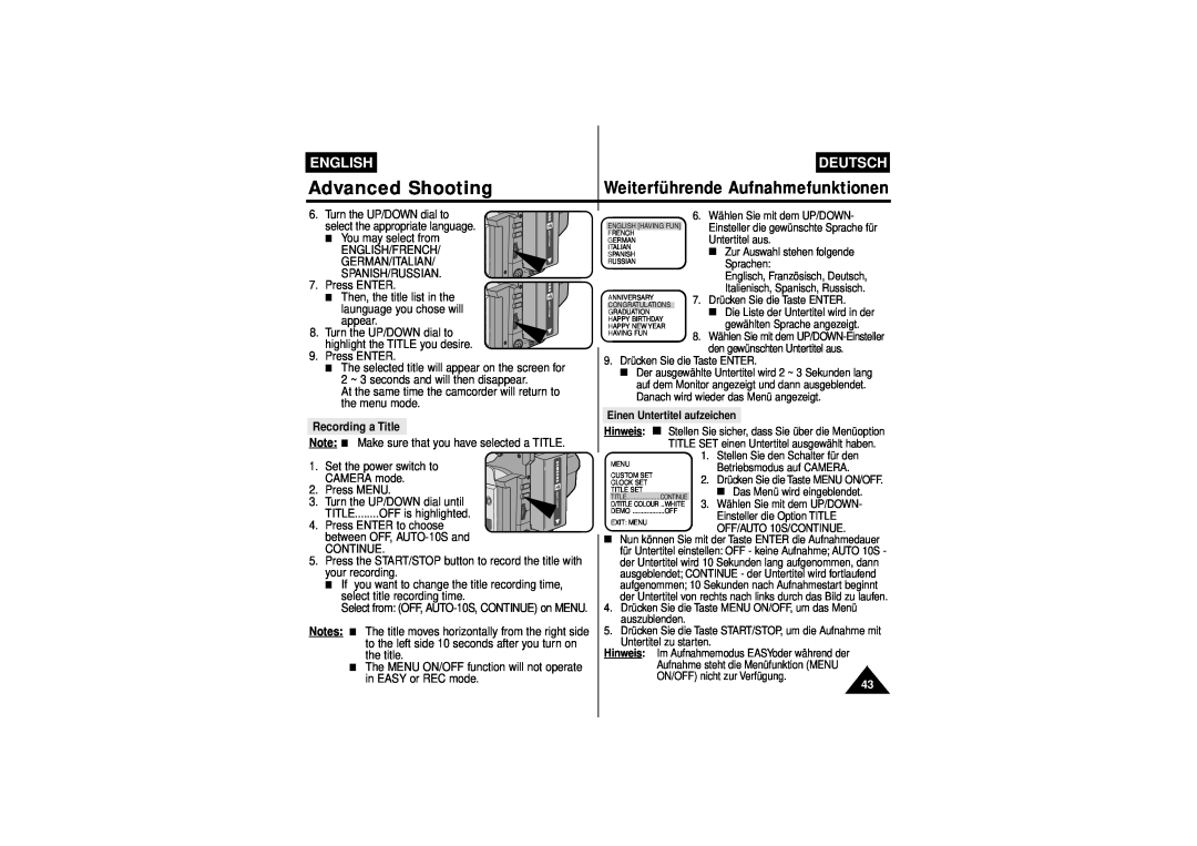 Samsung W70U, W75D, W71 Advanced Shooting, Weiterführende Aufnahmefunktionen, English, Deutsch, Einen Untertitel aufzeichen 