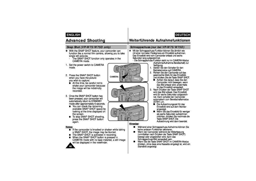 Samsung W71 Snap Shot VP-W75/W75D only, Schnappschuss nur bei VP-W75/W75D, Advanced Shooting, English, Deutsch, Hinweise 