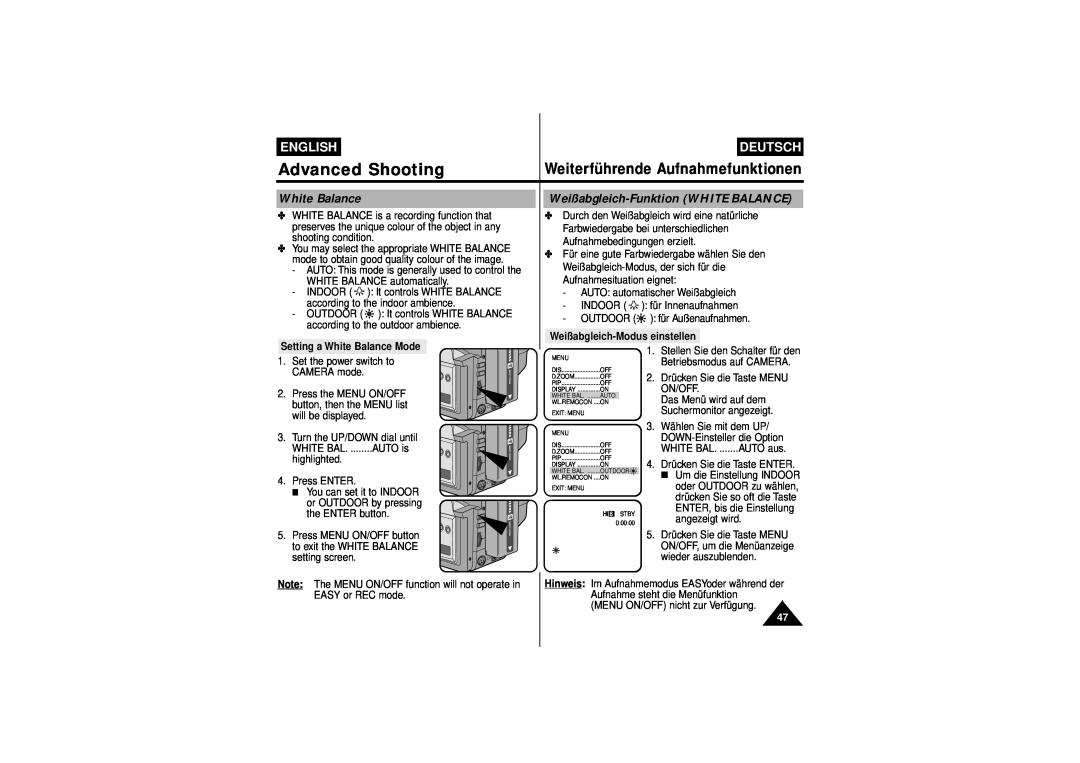 Samsung W75D White Balance, Weißabgleich-Funktion WHITE BALANCE, Advanced Shooting, Weiterführende Aufnahmefunktionen 